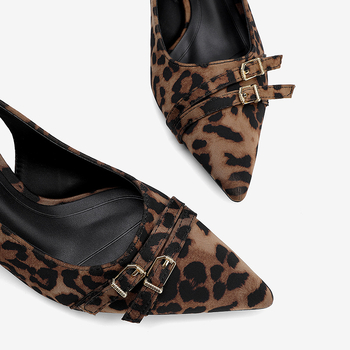 Ženske sandale na visokim petama s leopard uzorkom, oštar vrh, tanak potpetica 6–8 cm, kopča za zatvaranje, PU gornji dio