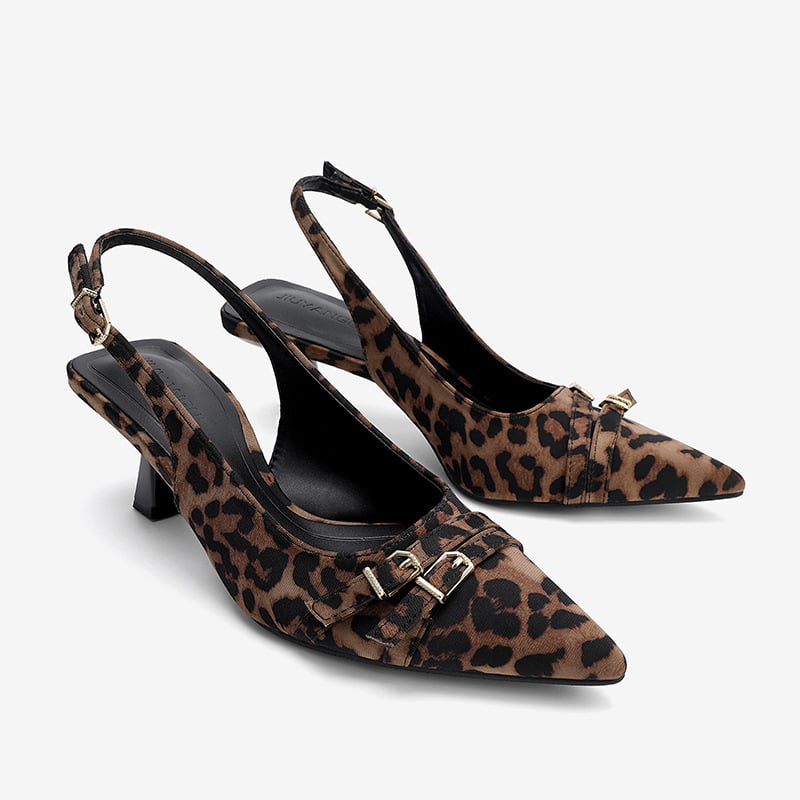 Ženske sandale na visokim petama s leopard uzorkom, oštar vrh, tanak potpetica 6–8 cm, kopča za zatvaranje, PU gornji dio