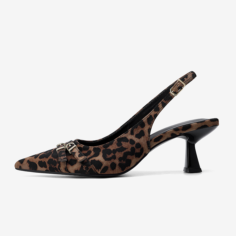 Ženske sandale na visokim petama s leopard uzorkom, oštar vrh, tanak potpetica 6–8 cm, kopča za zatvaranje, PU gornji dio