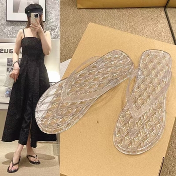 Flip-flops pentru femei cu cristale, stil plajă, PVC partea superioară și talpa PVC, închidere între degete, grosime talpă 0–3 cm