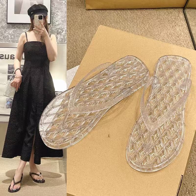 Flip-flops pentru femei cu cristale, stil plajă, PVC partea superioară și talpa PVC, închidere între degete, grosime talpă 0–3 cm