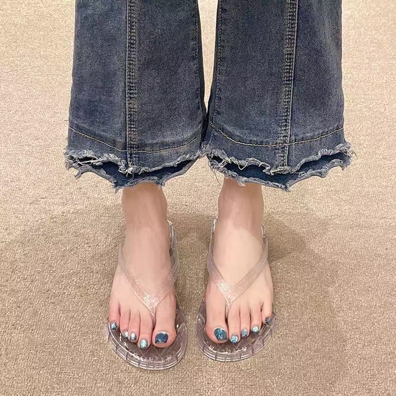 Flip-flops pentru femei cu cristale, stil plajă, PVC partea superioară și talpa PVC, închidere între degete, grosime talpă 0–3 cm