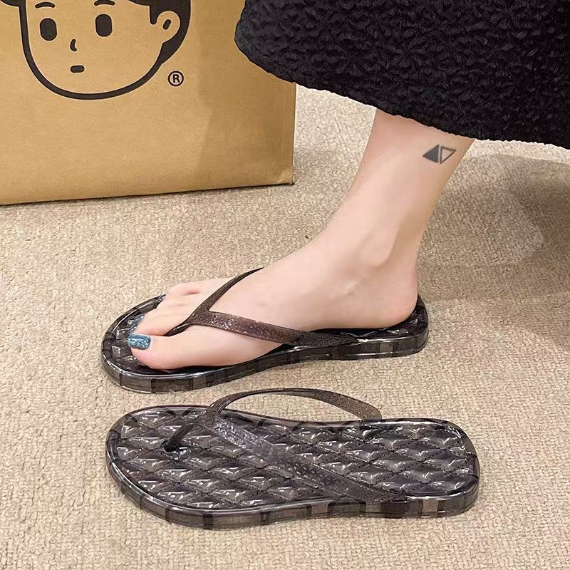 Flip-flops pentru femei cu cristale, stil plajă, PVC partea superioară și talpa PVC, închidere între degete, grosime talpă 0–3 cm