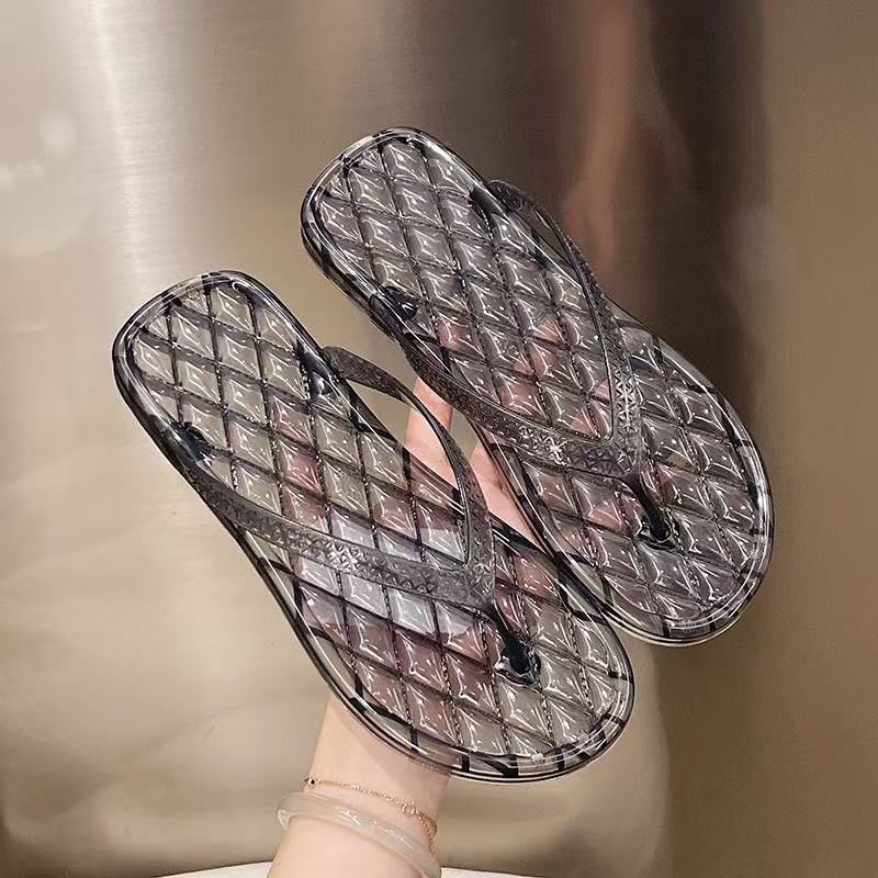 Flip-flops pentru femei cu cristale, stil plajă, PVC partea superioară și talpa PVC, închidere între degete, grosime talpă 0–3 cm