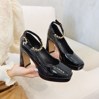 Pantofi cu toc înalt, vârf pătrat, închidere cu cataramă, partea superioară din PU artificial, toc gros, pentru purtare zilnică