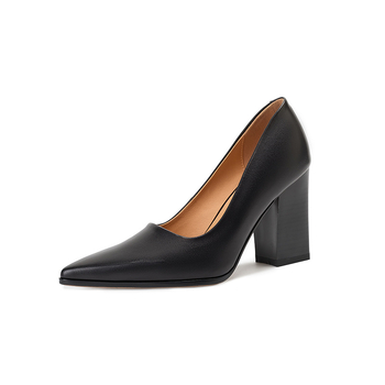 Pantofi cu toc înalt, vârf ascuțit, din piele de vacă de primă calitate, toc gros (>8 cm), talpă din tendoane de vițel