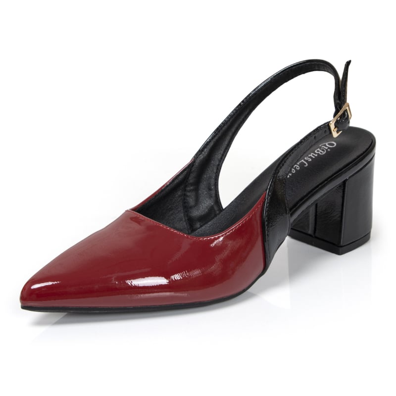 Ženske visoke potpetice s debelim petom, šiljatim nosom, otvorenom stražnjem dijelu, kopčom i jednim remenom (Nos: šiljat; Visina pete: 3-6 cm; Tip pete: debeli; Potplat: TPU; Uložak: PU)