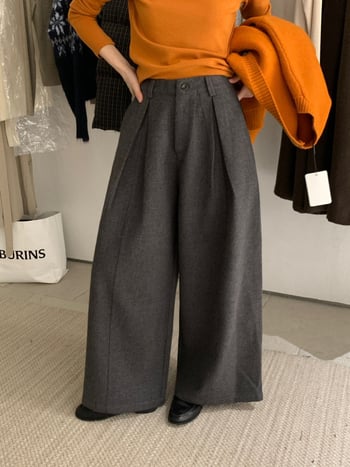 Kittin Casual Παντελόνια από Μίξη Μαλλιού-Πολυεστέρα, Ευρεία Γραμμή με Πλισέ, Υψηλή Μέση, Μικροελαστικότητα