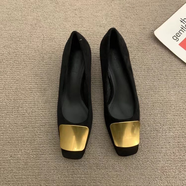 Ženske Mary Jane cipele, slip-on, kvadratni vrh prstiju, gornji dio od mikrovlakana, debeli peta 3–5 cm, gumeni potplat