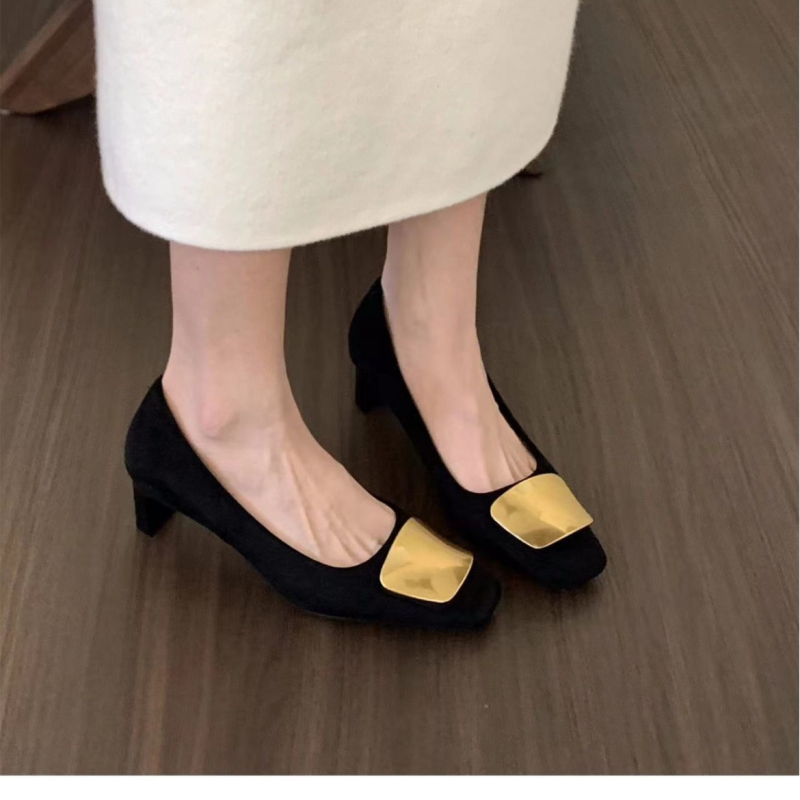 Ženske Mary Jane cipele, slip-on, kvadratni vrh prstiju, gornji dio od mikrovlakana, debeli peta 3–5 cm, gumeni potplat
