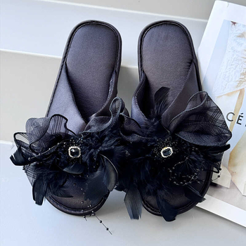 Papuci de damă satin cu funda cu pene, stil coreean, partea superioară din plastic, talpă TPR, moi, antiderapante