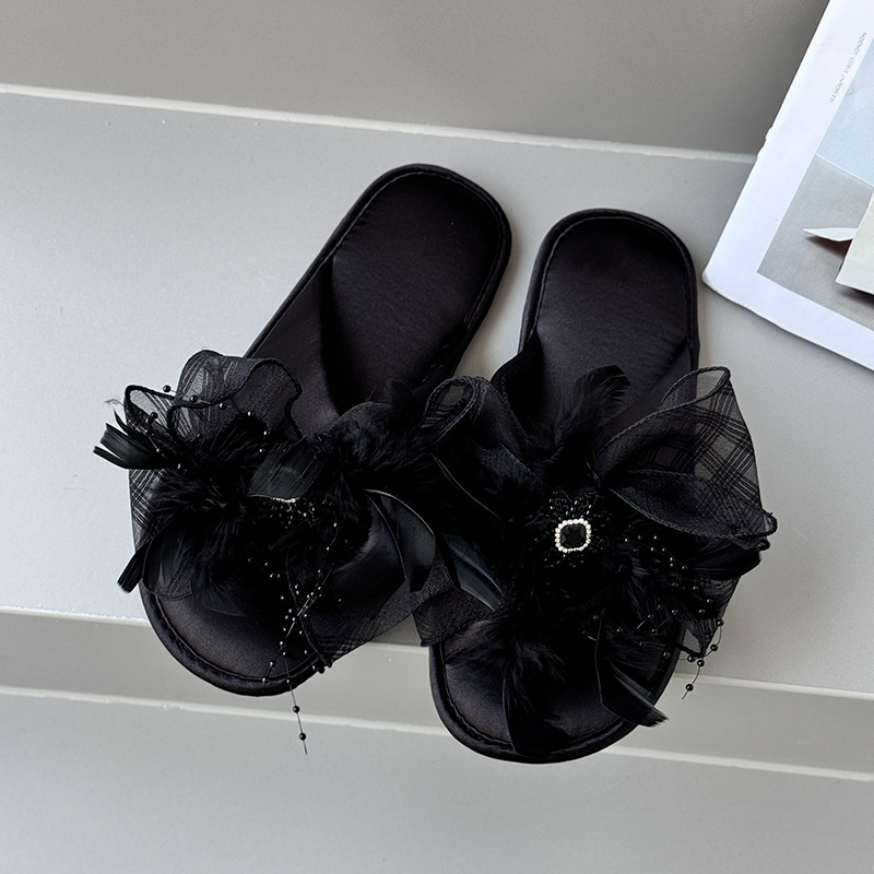 Papuci de damă satin cu funda cu pene, stil coreean, partea superioară din plastic, talpă TPR, moi, antiderapante