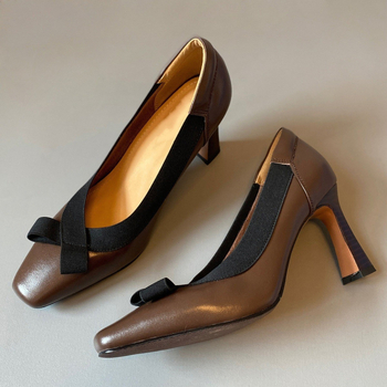 Ženske loafere s kvadratnim vrhom, tankim petom 6-8 cm, slip-on, potplat od prirodne gume