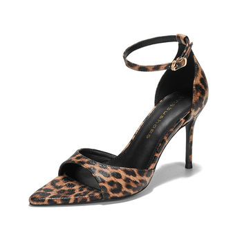 Damske leopard uzorka sandale s uskim špicom, visoki pet 6–8 cm, PU gornji dio, gumeni potplat, stražnje vezanje