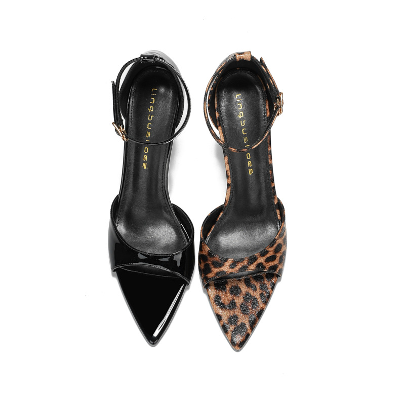 Damske leopard uzorka sandale s uskim špicom, visoki pet 6–8 cm, PU gornji dio, gumeni potplat, stražnje vezanje