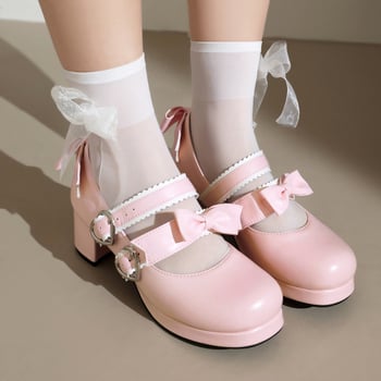 Pantofi Lolita - cataramă cu funda, vârf rotund, PU partea superioară, talpă din cauciuc, toc bloc 6–8 cm
