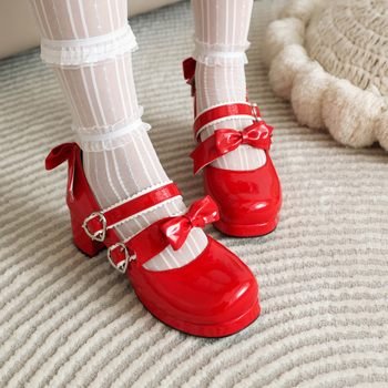 Pantofi Lolita - cataramă cu funda, vârf rotund, PU partea superioară, talpă din cauciuc, toc bloc 6–8 cm