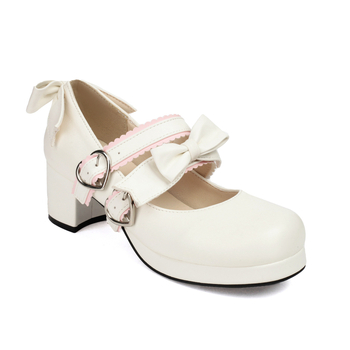 Pantofi Lolita - cataramă cu funda, vârf rotund, PU partea superioară, talpă din cauciuc, toc bloc 6–8 cm