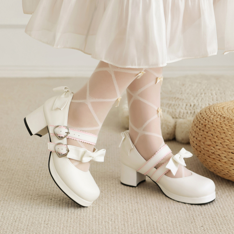 Pantofi Lolita - cataramă cu funda, vârf rotund, PU partea superioară, talpă din cauciuc, toc bloc 6–8 cm