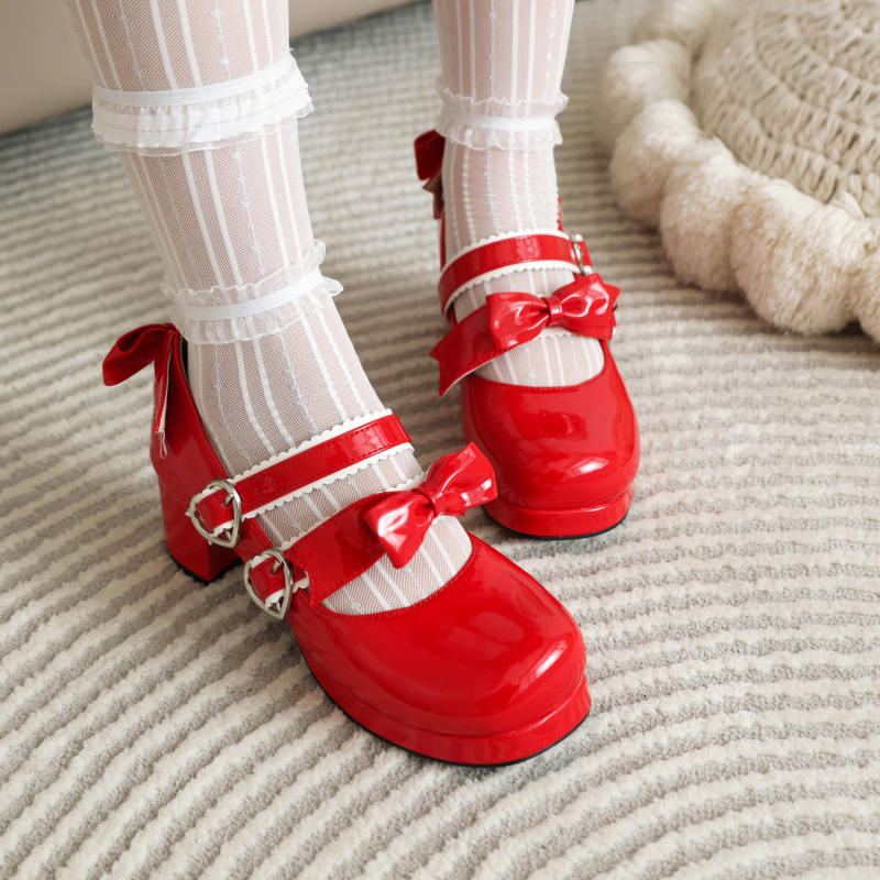 Pantofi Lolita - cataramă cu funda, vârf rotund, PU partea superioară, talpă din cauciuc, toc bloc 6–8 cm