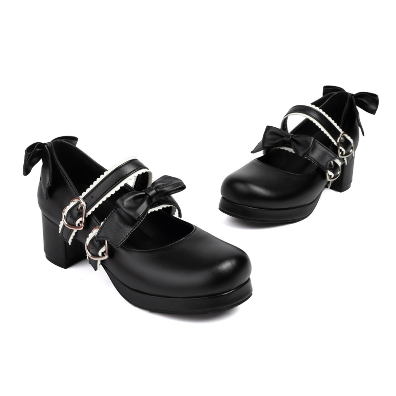 Pantofi Lolita - cataramă cu funda, vârf rotund, PU partea superioară, talpă din cauciuc, toc bloc 6–8 cm