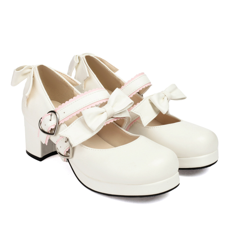 Pantofi Lolita - cataramă cu funda, vârf rotund, PU partea superioară, talpă din cauciuc, toc bloc 6–8 cm