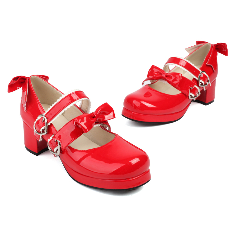 Pantofi Lolita - cataramă cu funda, vârf rotund, PU partea superioară, talpă din cauciuc, toc bloc 6–8 cm