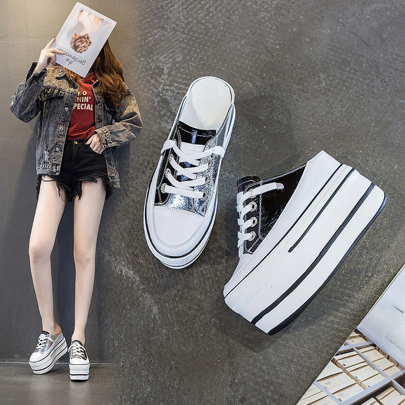 Női platform cipő – Felsőrész: valódi bőr; Színblokkolt design; Rejtett 10 cm magasság; Vastag platformtalp