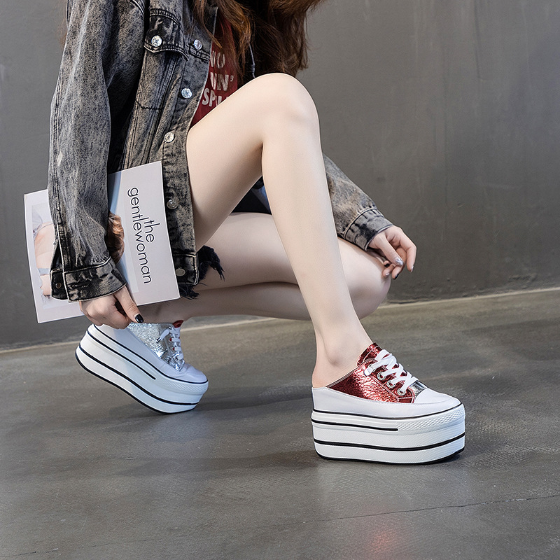 Női platform cipő – Felsőrész: valódi bőr; Színblokkolt design; Rejtett 10 cm magasság; Vastag platformtalp