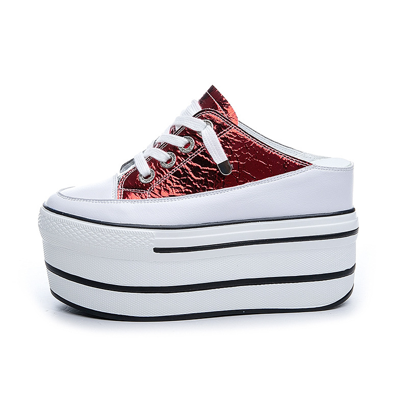 Női platform cipő – Felsőrész: valódi bőr; Színblokkolt design; Rejtett 10 cm magasság; Vastag platformtalp