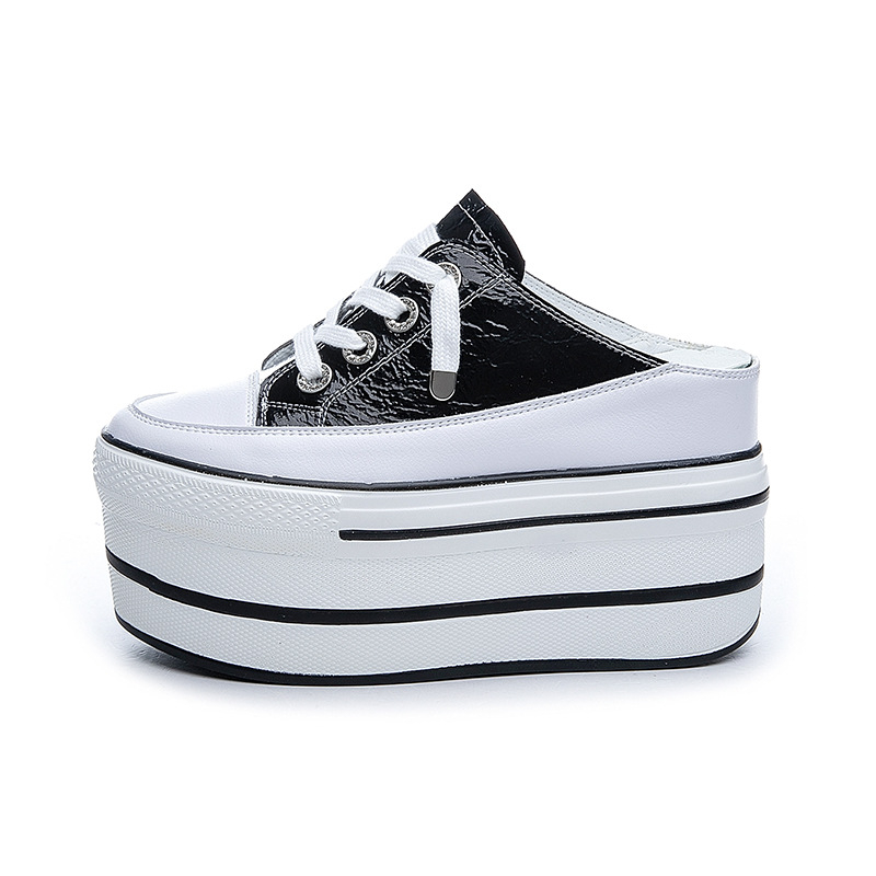 Női platform cipő – Felsőrész: valódi bőr; Színblokkolt design; Rejtett 10 cm magasság; Vastag platformtalp