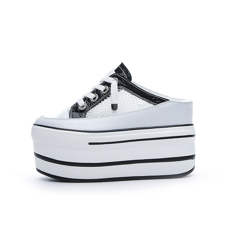 Női platform cipő – Felsőrész: valódi bőr; Színblokkolt design; Rejtett 10 cm magasság; Vastag platformtalp