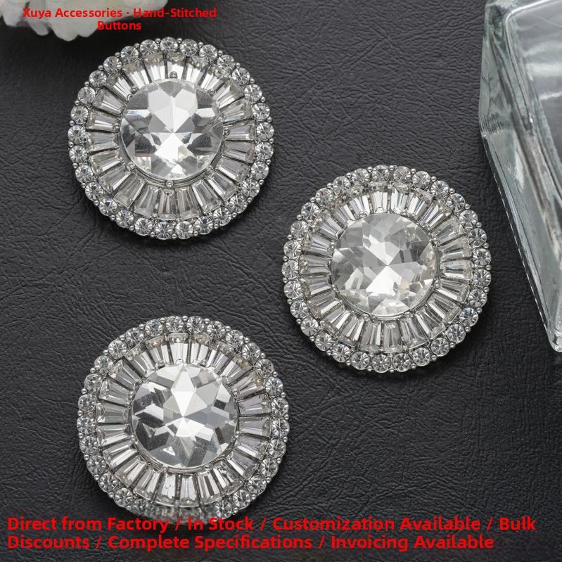 Okrúhly kovový gombík s kryštálmi, ručne prišitý s nožičkami, zinková zliatina + sklo, plný diamantový kryštál – Xuyou Brand