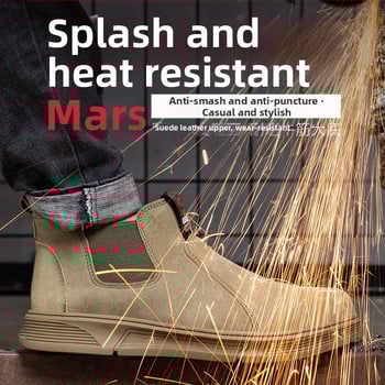 Ασφαλή παπούτσια εργασίας για συγκόλληση: ανδρών με μεταλλικό προστατευτικό δάχτυλο, αντίσταση σε χτυπήματα και διάτρηση, δέρμα βελούδινο από βοοειδή, μεσαίου ύψους