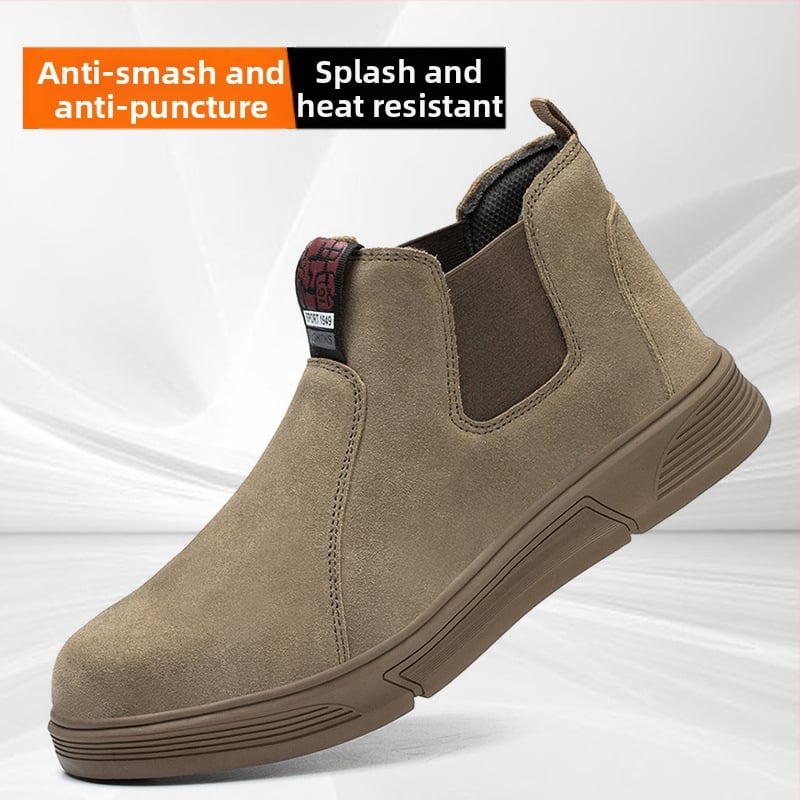 Ασφαλή παπούτσια εργασίας για συγκόλληση: ανδρών με μεταλλικό προστατευτικό δάχτυλο, αντίσταση σε χτυπήματα και διάτρηση, δέρμα βελούδινο από βοοειδή, μεσαίου ύψους