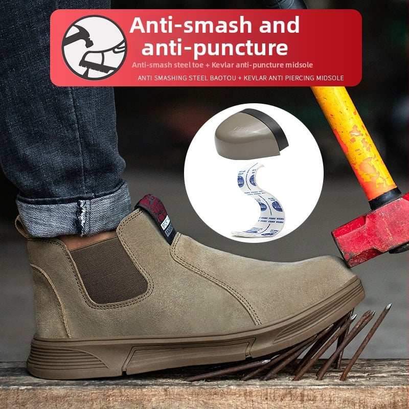 Ασφαλή παπούτσια εργασίας για συγκόλληση: ανδρών με μεταλλικό προστατευτικό δάχτυλο, αντίσταση σε χτυπήματα και διάτρηση, δέρμα βελούδινο από βοοειδή, μεσαίου ύψους
