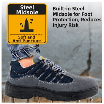 Ανδρικά Παπούτσια Ασφαλείας Τεσσάρων Εποχών με Μεταλλικό Καπό, Προστασία Αντίκρουσης και Διατρήσεων, Άνω Μέρος από Suede Δέρμα, Αντιολισθητική Σόλα Καουτσούκ