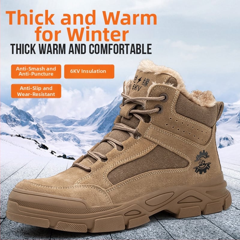 Ανδρικά ασφαλεία παπούτσια εργασίας για τον χειμώνα, υψηλό άνω μέρος με επένδυση fleece, αντι-χτύπημα και αντι-διάτρηση, αντιολισθητικά, ανθεκτικά, επάνω μέρος από σουέδ δέρμα και σόλα καουτσούκ