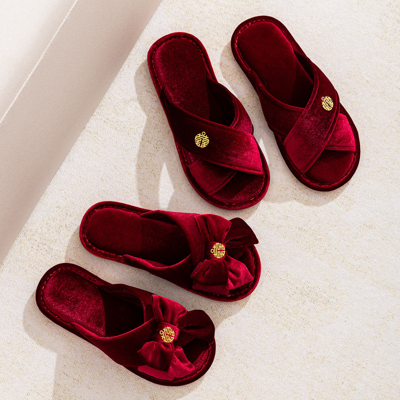 Unisex papuče za svadbu za parove, velur gornji dio, PVC potplat, otvoreni prst, protuklizne, kućna uporaba, debljina potplata do 1,5 cm