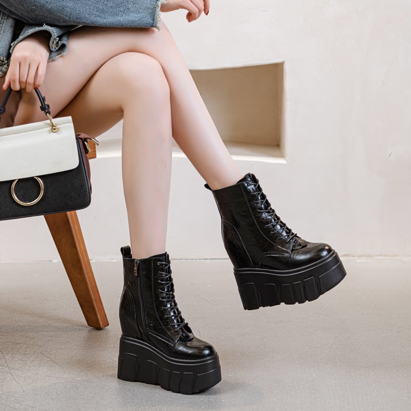 Ženske Martin čizme, dvostruko kožni gornji dio od krave, PU potplat, super visoke pete iznad 8 cm, bočni zatvarač i prednje vezivanje