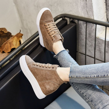 Ženske kožne čizme s unutarnjim porastom, visokim gornjim dijelom s vezanjem, Martin stil, 8 cm debeli gumeni potplat