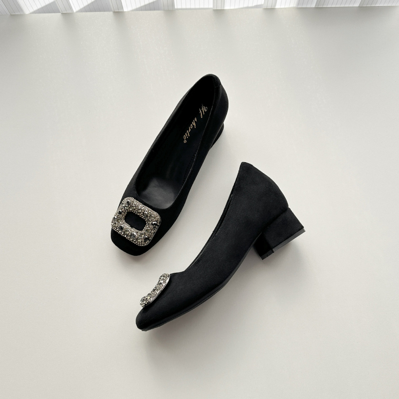 Ženske cipele od semiša s kvadratnim nosem, debeli pet 6–8 cm, slip-on, gumeni đon.