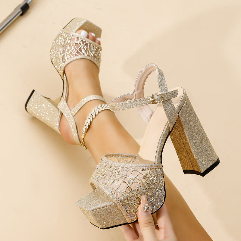 Nyitott lábujjú magassarkú szandál elasztikus pánttal, vastag sarok, szuper magassarkú (>8 cm), 4,5 cm talp, PU felső