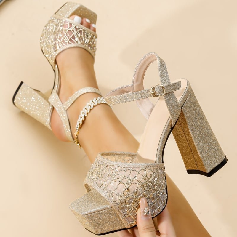 Nyitott lábujjú magassarkú szandál elasztikus pánttal, vastag sarok, szuper magassarkú (>8 cm), 4,5 cm talp, PU felső