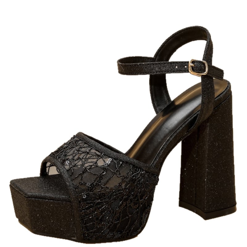 Nyitott lábujjú magassarkú szandál elasztikus pánttal, vastag sarok, szuper magassarkú (>8 cm), 4,5 cm talp, PU felső