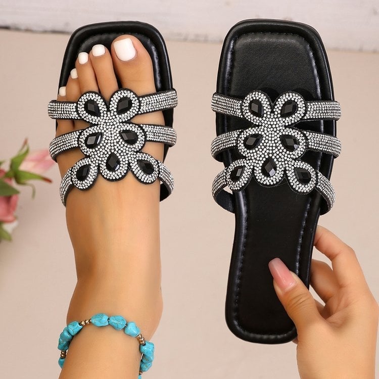 Ženske kućne papuče s kvadratnim vrhom i platformom – rhinestones na gornjem dijelu, Xishi velur, TPE đon, Cow Reverse Suede podstava, vulkanizirana đon