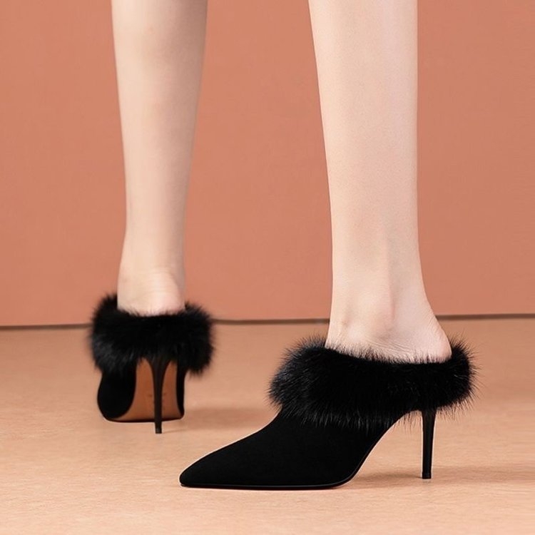 Női PU mules, hegyes orrúval, zárt orr-rész, sekély nyílás, vékony stílusú sarok 6-8 cm