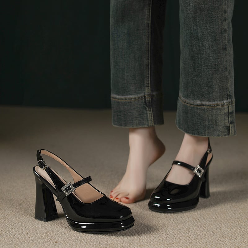 Női Mary Jane cipő platformtal, vastag sarkú, négyszögletes orr, csatos pánttal, valódi bőr felsőrész, gumitalp