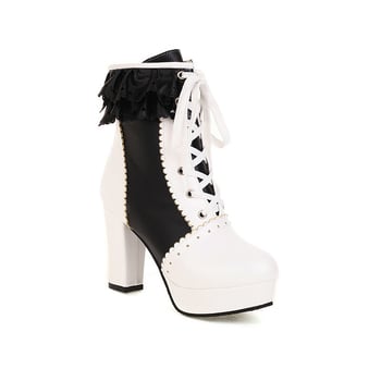 Ženske čizme viteškog stila u japanskom stilu s prednjim vezivanjem, debelim potpeticom, PU gornji dio, gumena potplata, kratka potkoljenica