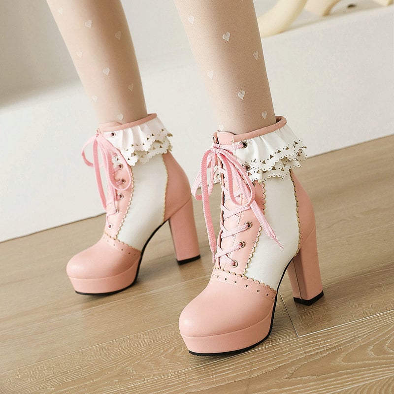 Ženske čizme viteškog stila u japanskom stilu s prednjim vezivanjem, debelim potpeticom, PU gornji dio, gumena potplata, kratka potkoljenica